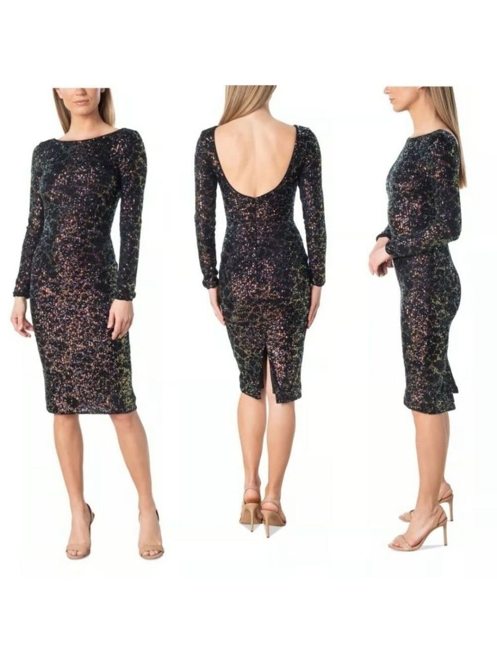NWOT Dress the Population Women s Emery Long-Sleeve Bodycon Sequin Sz XS